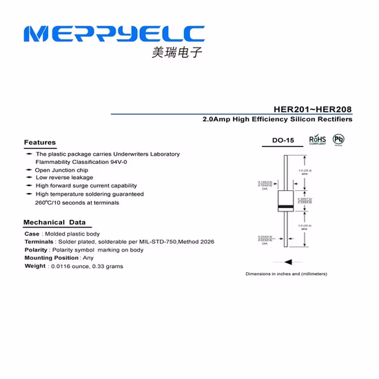 HER208 DO-15 2.0Amp High Efficiency Silicon Rectifiers Diode
